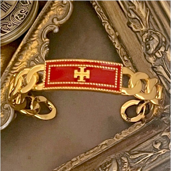 TORY BURCH • Red Milgrain Logo Cuff Bracelet - Picture 7 of 7